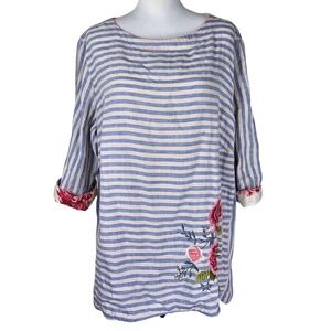 J. Jill Love Linen Floral Embroidered Tunic 2X Striped Nautical Relaxed Coastal